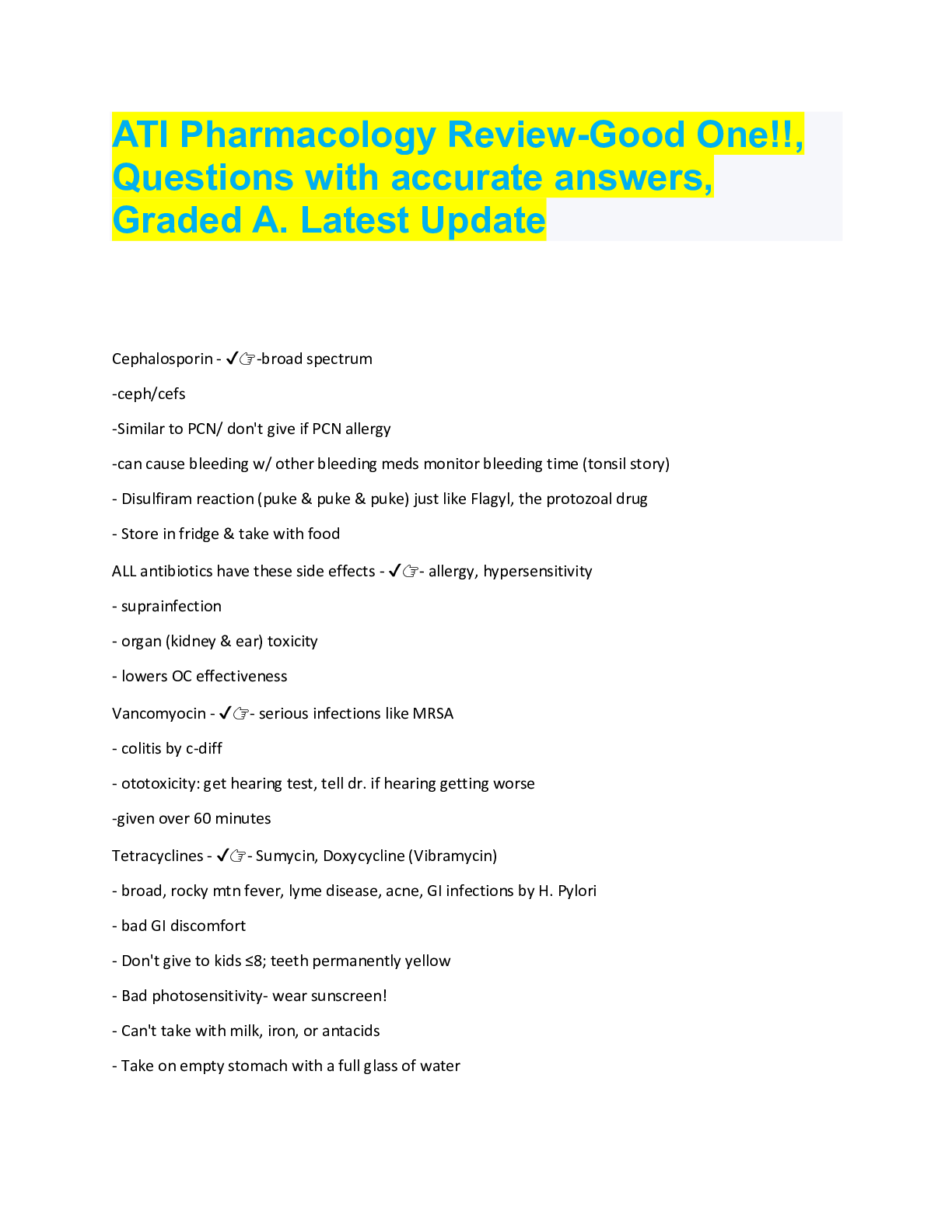 ATI Pharmacology ReviewGood One!!, Questions with accurate answers, Graded A. Latest Update